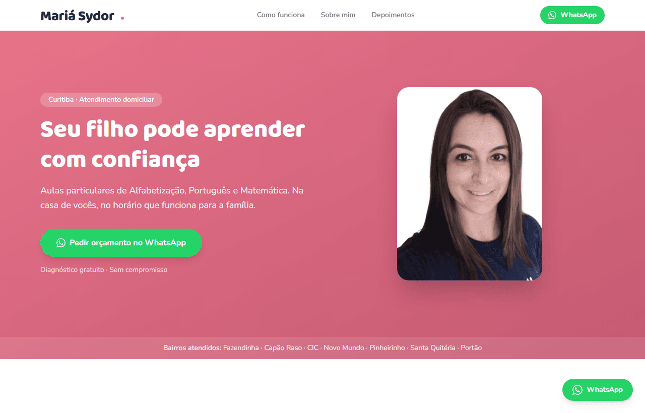 Site da professora Mariá Sydor, com o título "Seu filho pode aprender com confiança"