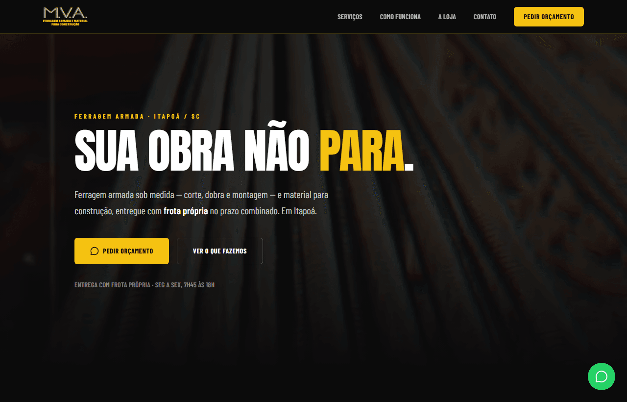 Site da MVA Ferros, com o título "Sua obra não para"